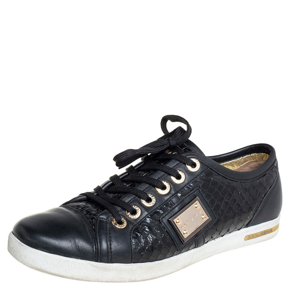 مملوكة مسبقًا Dolce & Gabbana Black Python And Leather Low Top Sneakers Size 38