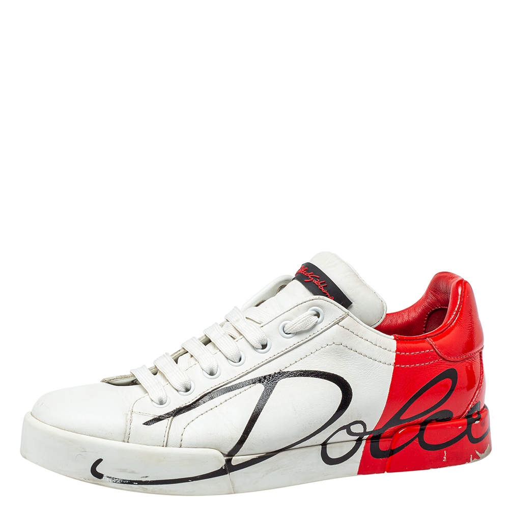 Dolce & Gabbana White/Red Leather Logo Painted Sneakers Size 39