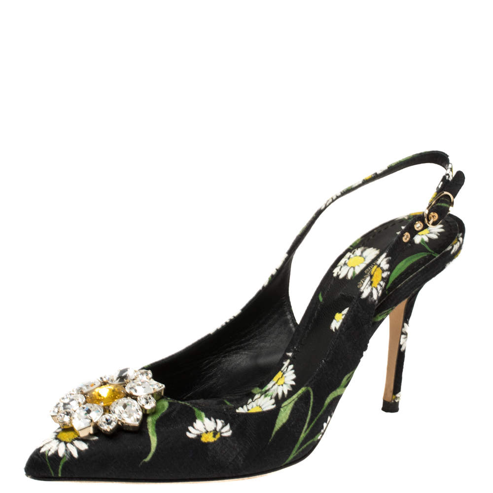 Dolce & Gabbana Multicolor Brocade Floral Fabric Crystal Embellished Slingback Sandals Size 39.5