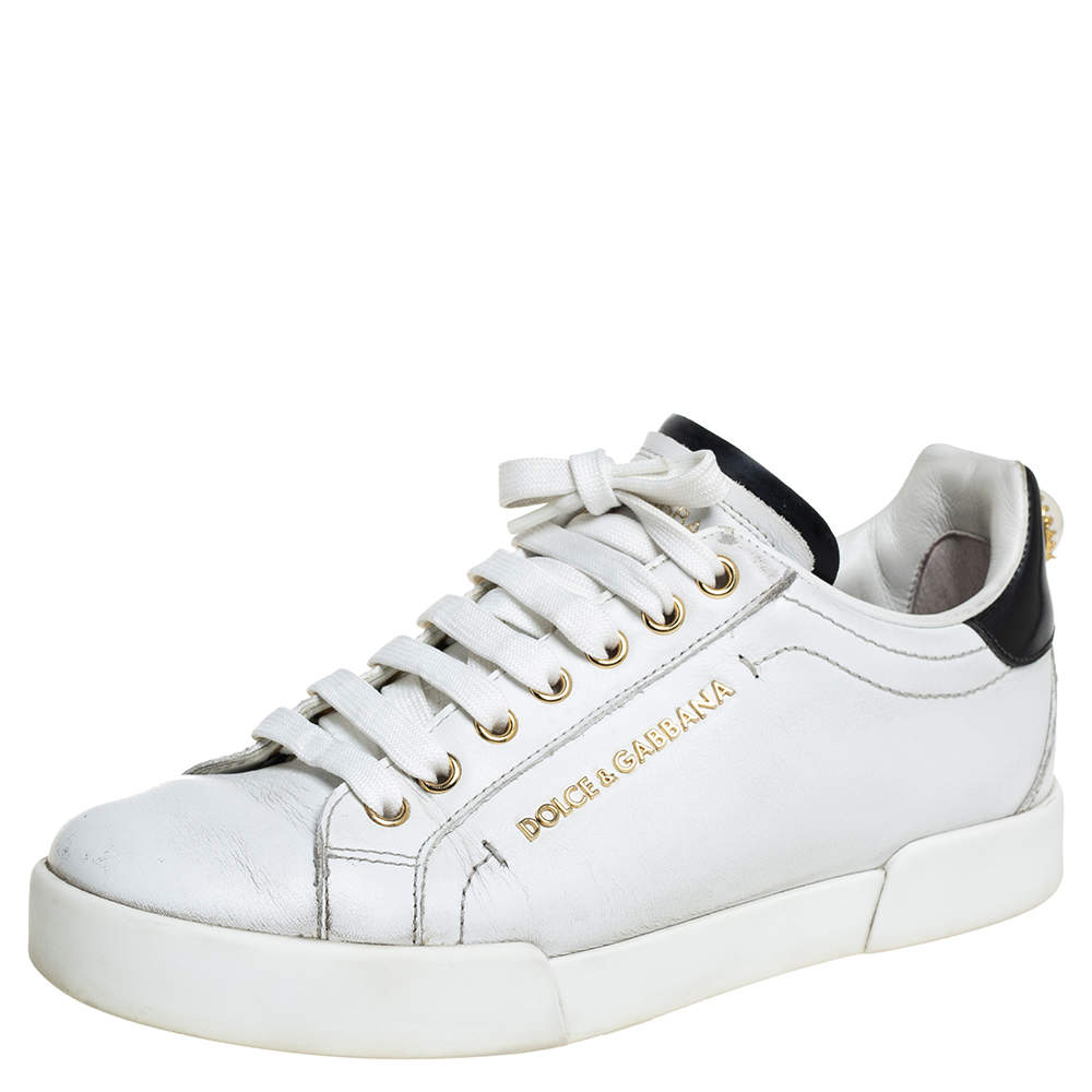 Pre Owned Dolce & Gabbana White/Black Leather Portofino Pearl Embellished Low Top Sneakers Size 37