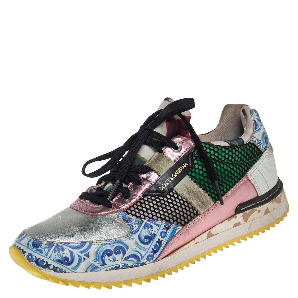 Pre Owned Dolce & Gabbana Multicolor Leather and Mesh Low Top Sneakers Size 38