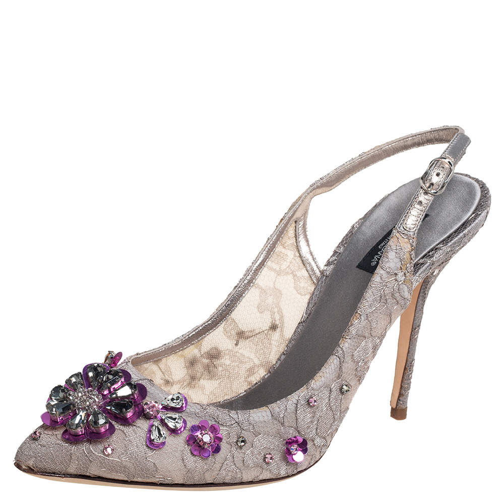 Pre Owned Dolce & Gabbana Grey Lace Crystal Embellishment Slingback Sandals Size 40.5