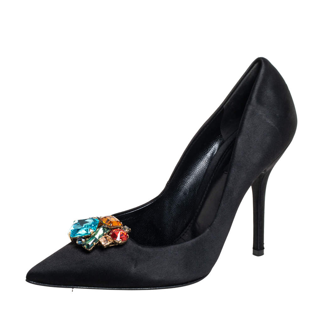 Pre Owned Dolce & Gabbana Black Satin Crytal Embellished Pumps Size 39