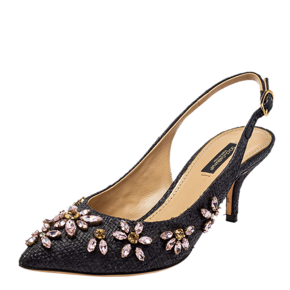 مملوكة مسبقًا  Dolce & Gabbana Black Leather Embellished Slingback Pumps Size 36