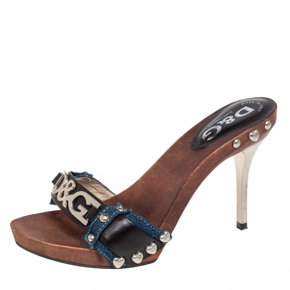 مملوكة مسبقًا Dolce & Gabbana Blue Canvas And Leather Slip On Sandals Size 37