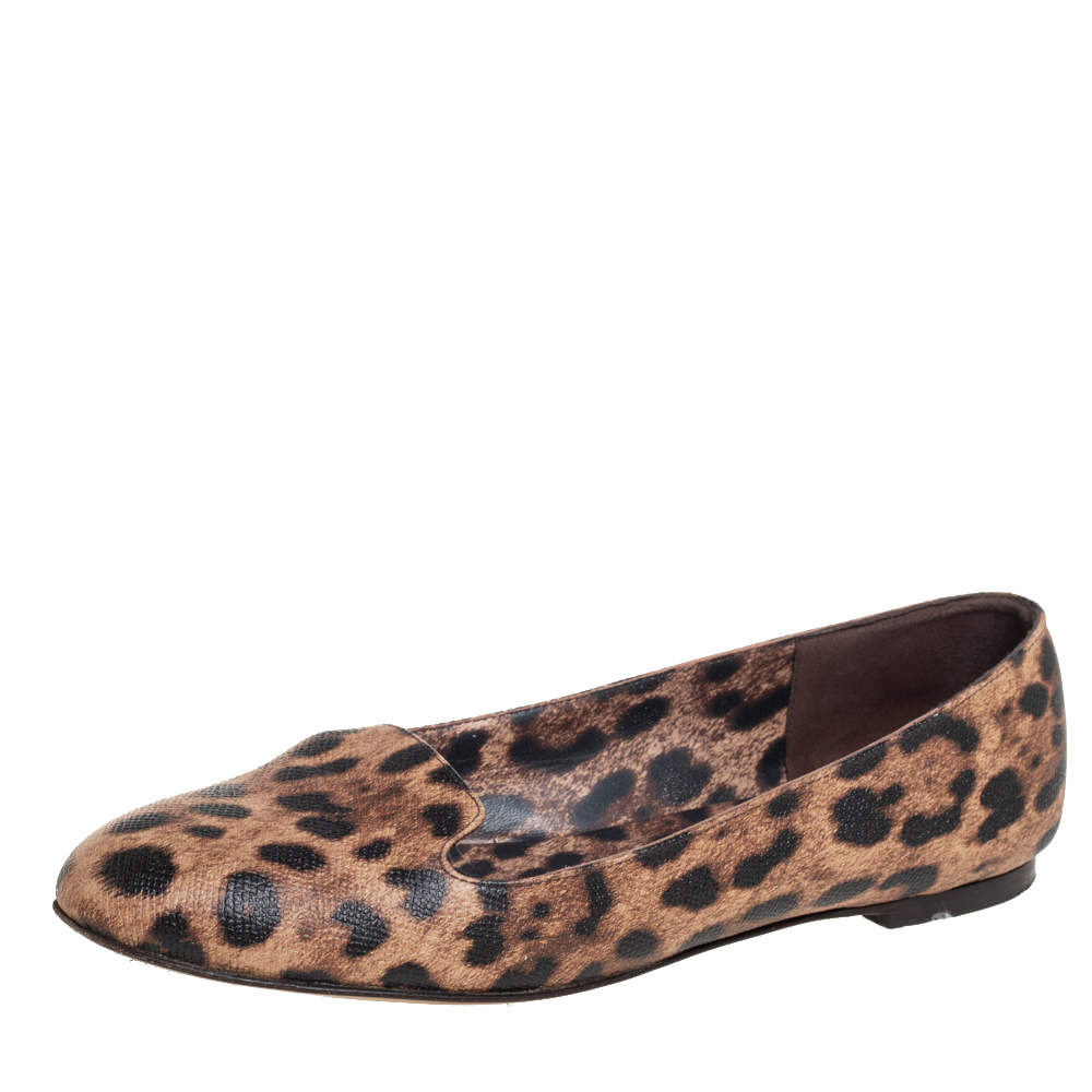 Pre Owned Dolce & Gabbana Brown Leopard Print Coated Canvas Ballet  Flats Size 39