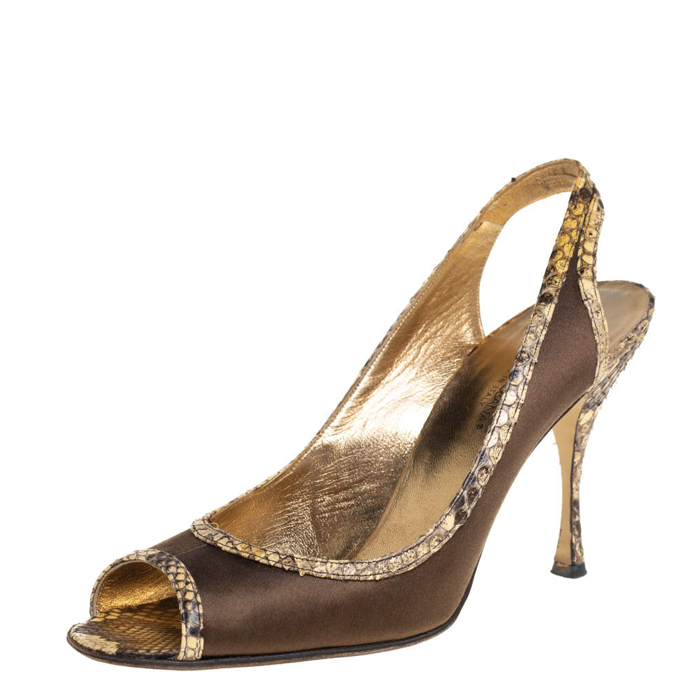 مملوكة مسبقًا Dolce & Gabbana Green Satin And Python Trim Peep Toe Slingback Sandals Size 39