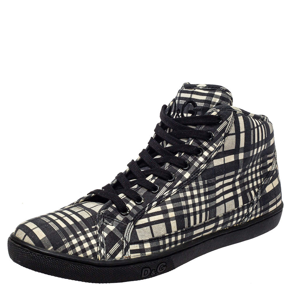 Pre Owned Dolce & Gabbana White/ Black Check Fabric High Top Sneakers Size 41
