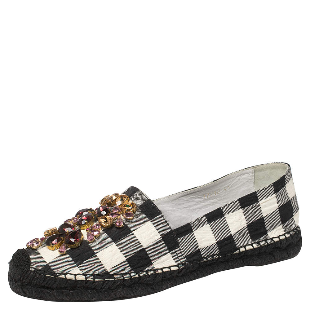 مملوكة مسبقًا Dolce & Gabbana Black/White Check Canvas Embellished Espadrille Flats Size 41