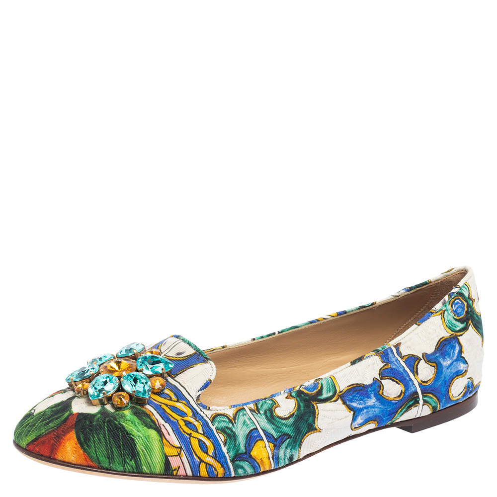 Pre Owned Dolce & Gabbana Multicolor Printed Canvas Crystal Embellished Smoking Slippers Size 41