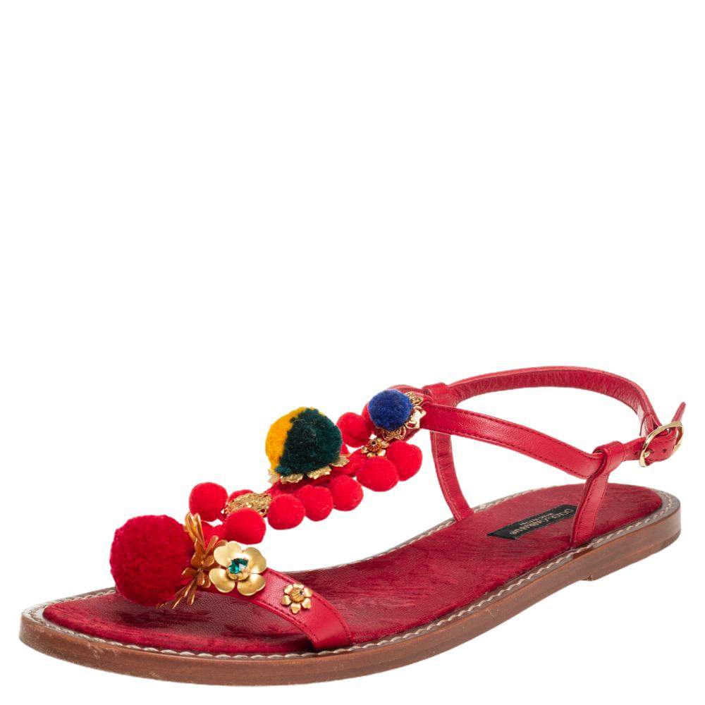 Dolce & Gabbana Red Leather Pom Pom Flat Sandals Size 38 Dolce & Gabbana |