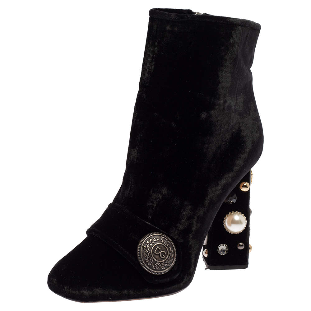Pre Owned Dolce & Gabbana Black Velvet Embellished Ankle Length Boots Size 39