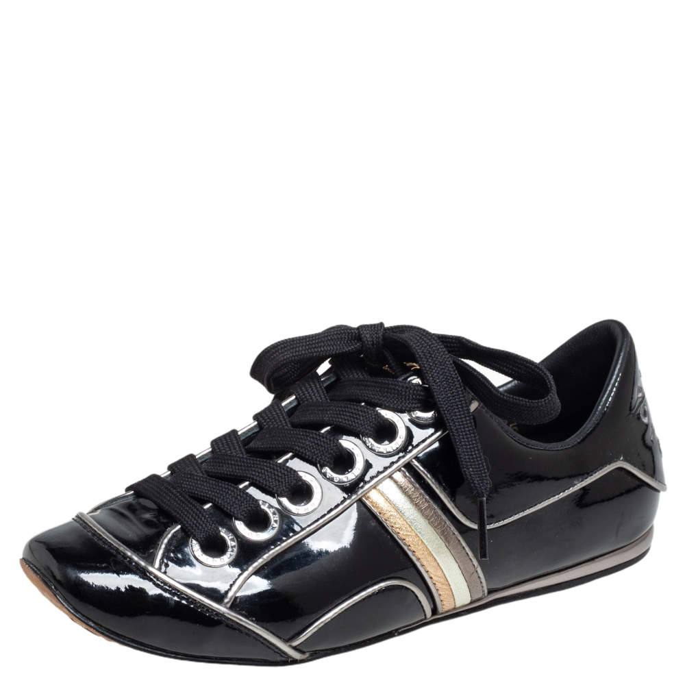 Pre Owned Dolce & Gabbana Black Patent Leather Striped Sneakers Size 35