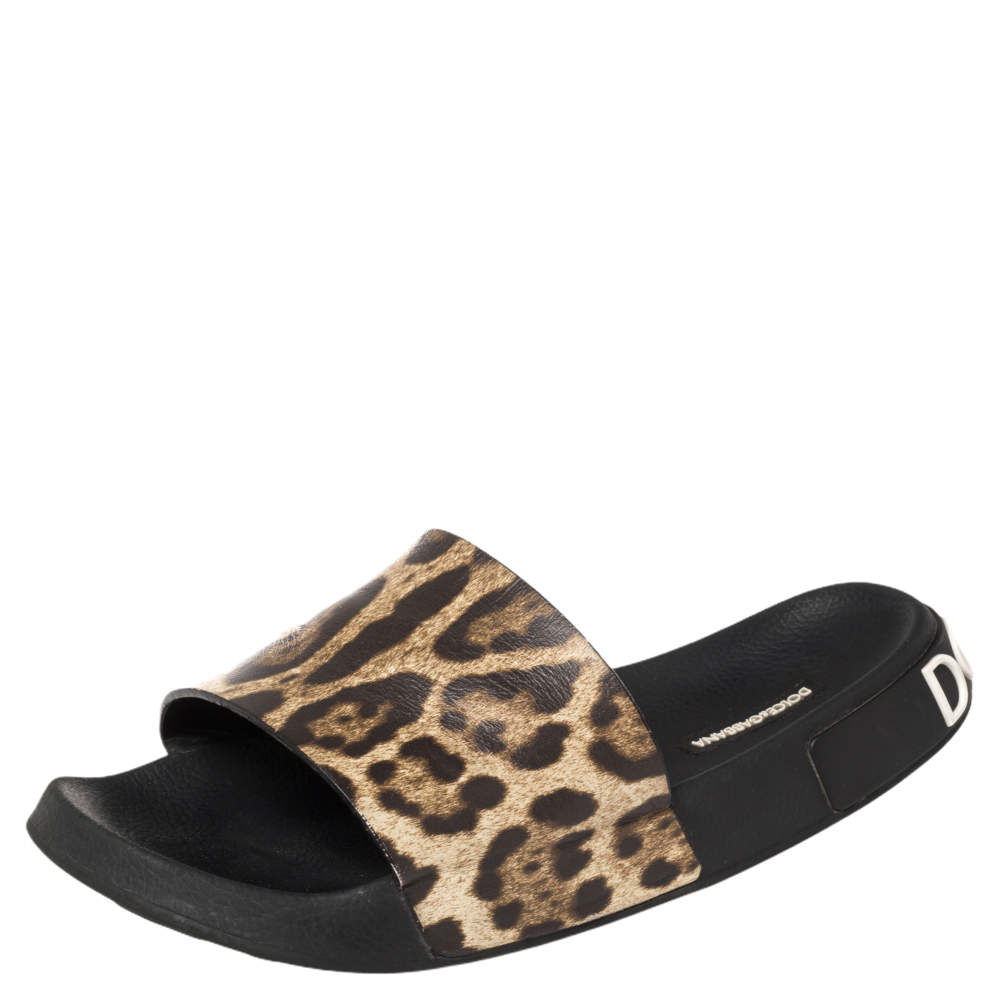 Dolce & Gabbana Brown/Beige Leopard Print Leather Flat Slides Size 41
