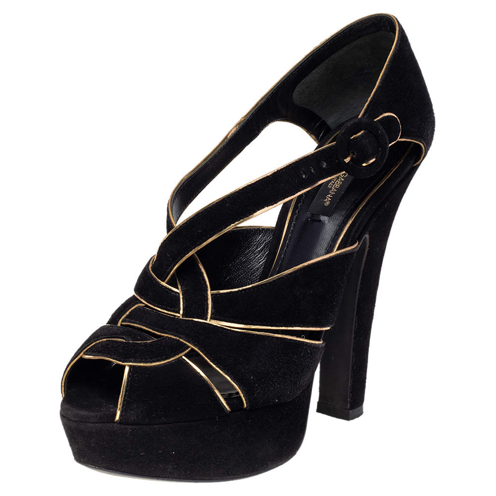 Dolce & Gabbana Black/Gold Suede Strappy Platform Sandals Size 36.5