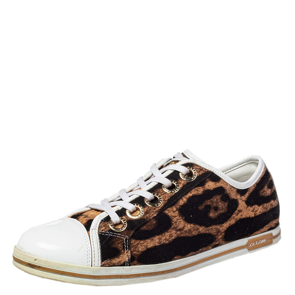 Pre Owned Dolce & Gabbana Brown/White Leopard Print Canvas and Leather Lace Low Top Sneakers Size 38