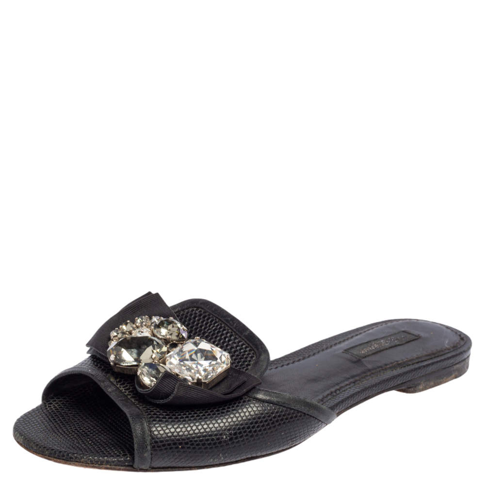 Dolce & Gabbana Black Lizard Embossed Leather Crystal Embellished Bow Flat Slides Size 37