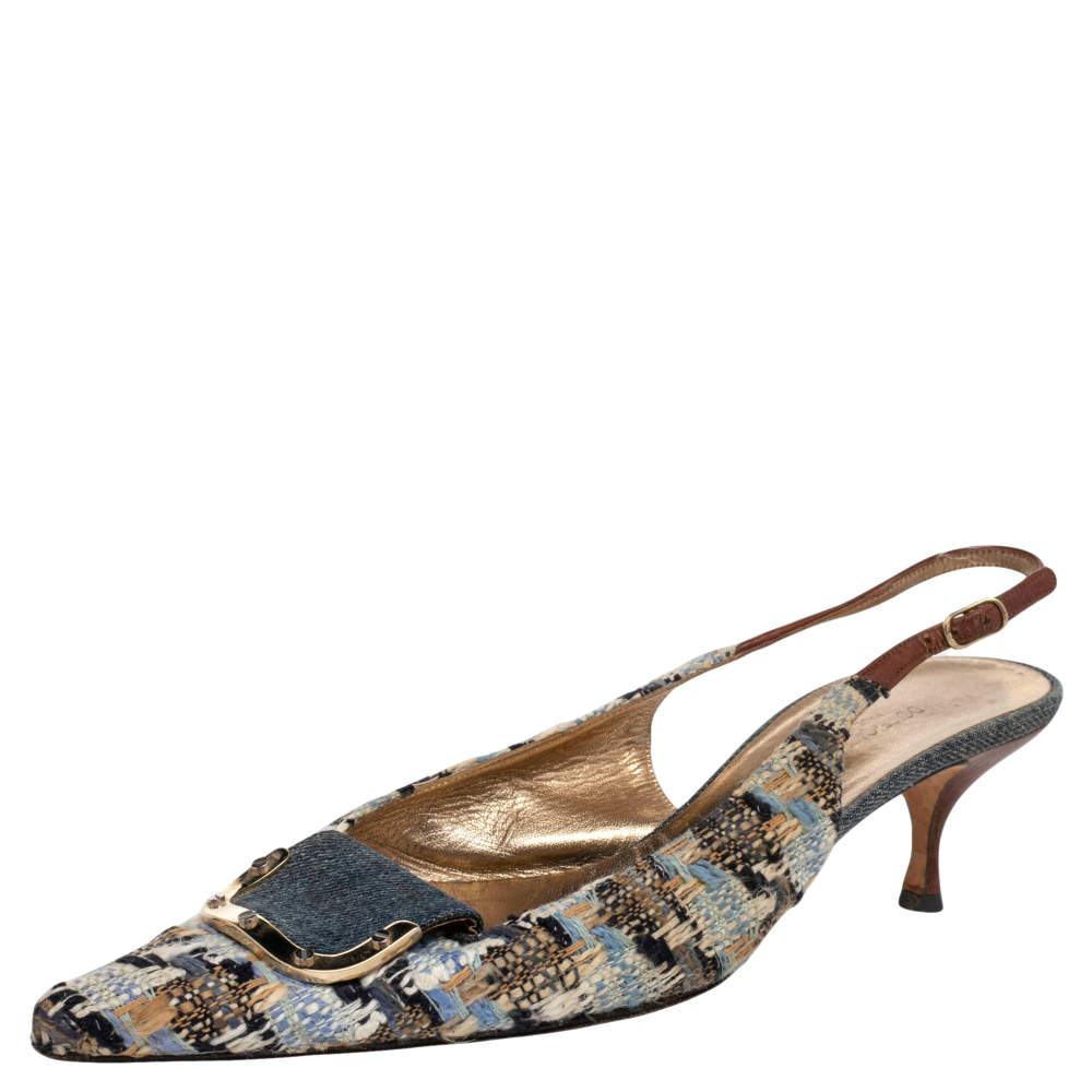 Dolce and Gabbana Multicolor Tweed And Denim Slingback  Pumps Size 39