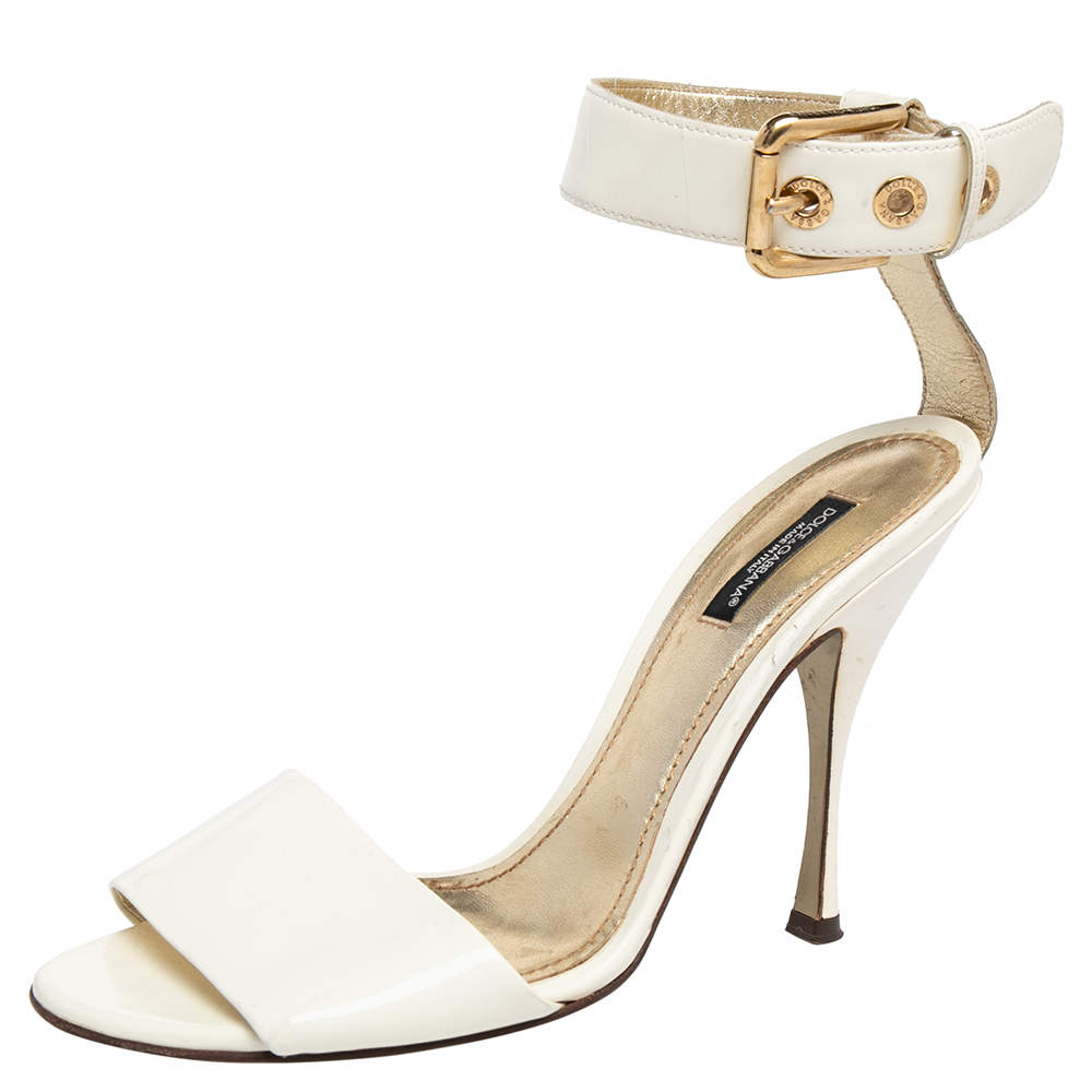 Dolce & Gabbana White Patent Leather Ankle Strap Sandals Size 39