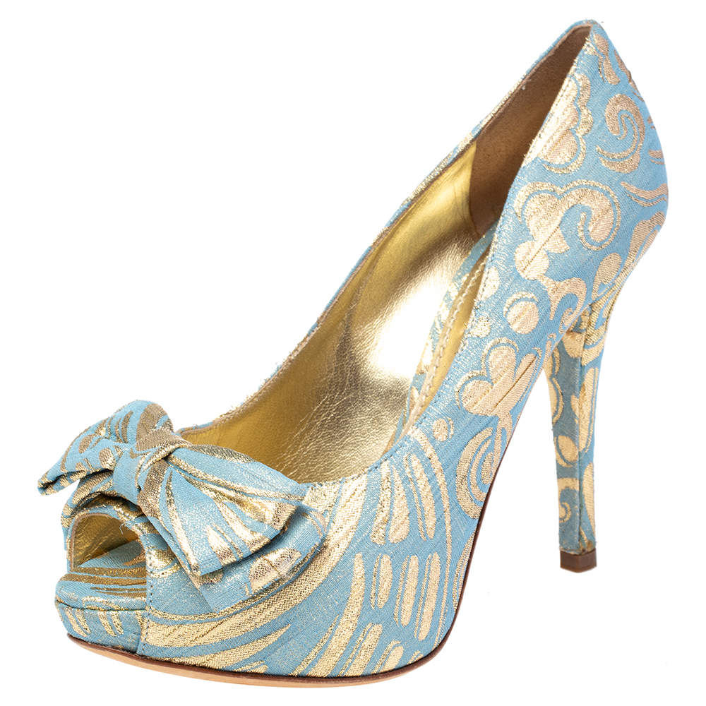 Pre Owned Dolce & Gabbana Brocade Fabric Bow Peep Toe Platform Pumps Size 36