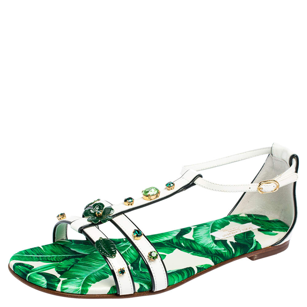 Pre Owned Dolce & Gabbana Green/White Patent Leather And Banana Leaf-Print Embellished Flat Ankle Strap Sandals Size 37