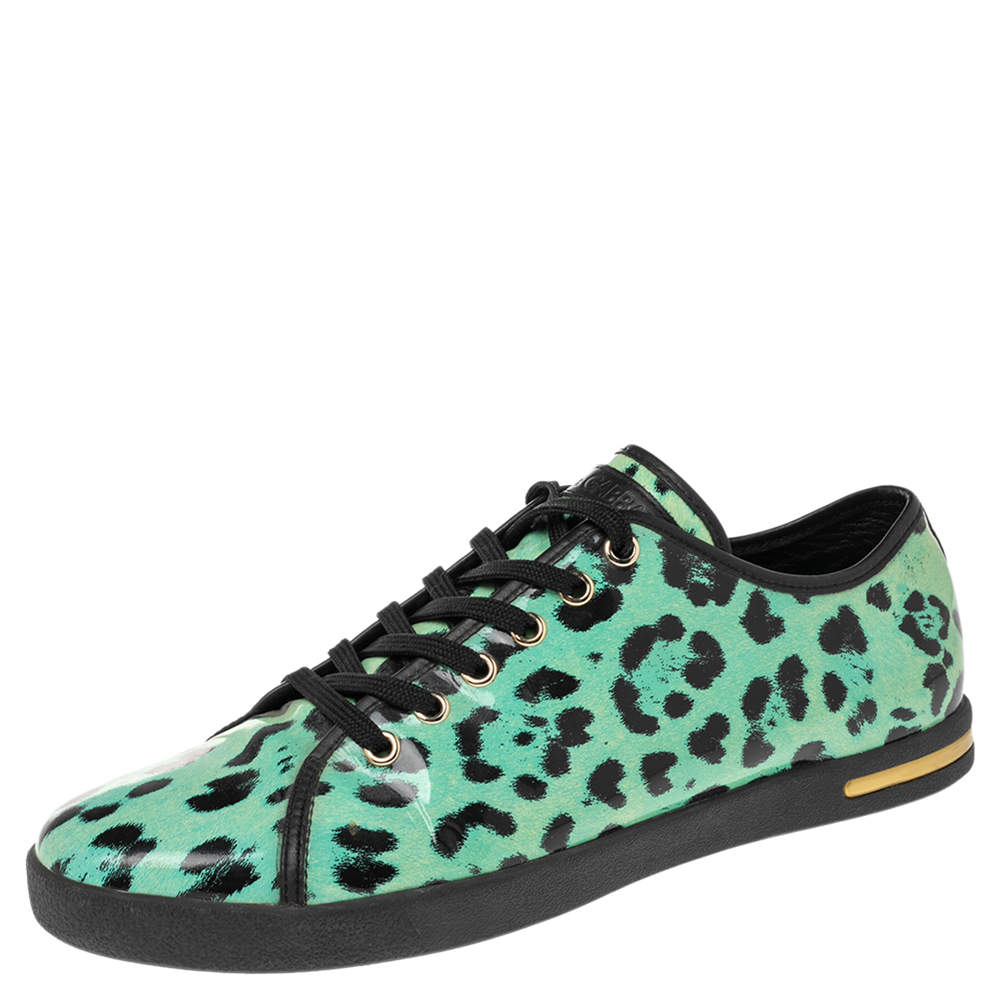 Pre Owned Dolce & Gabbana Green Animal Print Patent Leather Low Top Sneakers Size 39