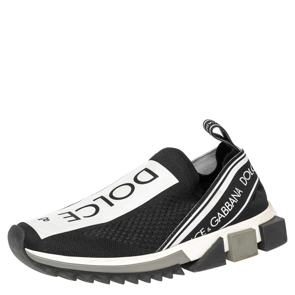 Pre Owned Dolce & Gabbana Black/White Knit Fabric Sorrento Slip On Sneakers Size 39