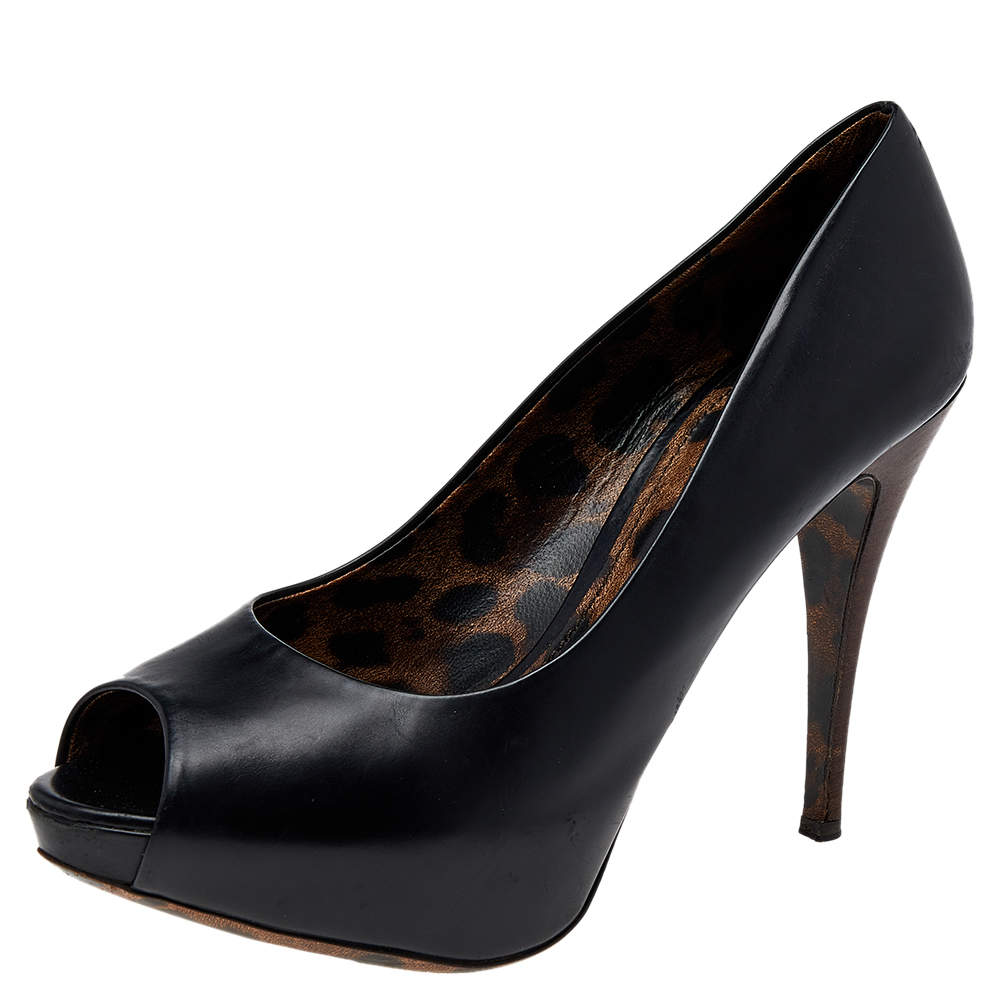 Dolce & Gabbana Black Leather Peep Toe Platform Pumps Size 40