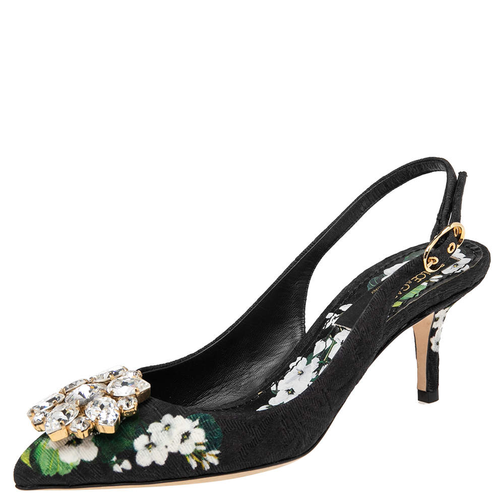 Pre Owned Dolce & Gabbana Black Floral Print Brocade Crystals Exclusive Slingback Sandals Size 35