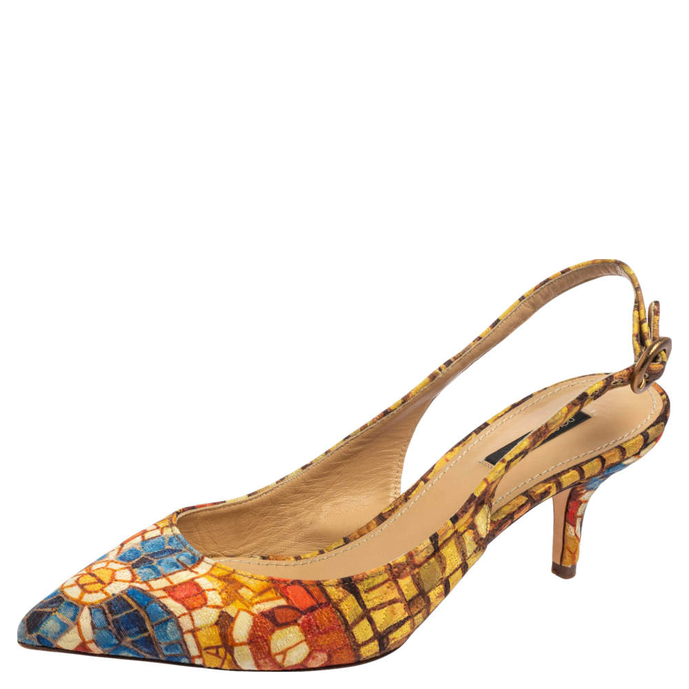 Dolce & Gabbana Multicolor Print Canvas Slingback Pointed Toe  Sandals Size 38