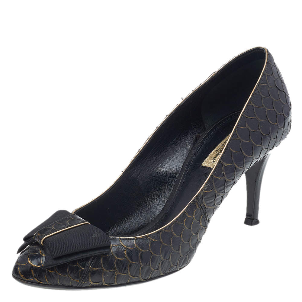 Pre Owned حذاء كعب عالي دولتشي آند غابانا جلد نقشة الثعبان أسود مقاس 37