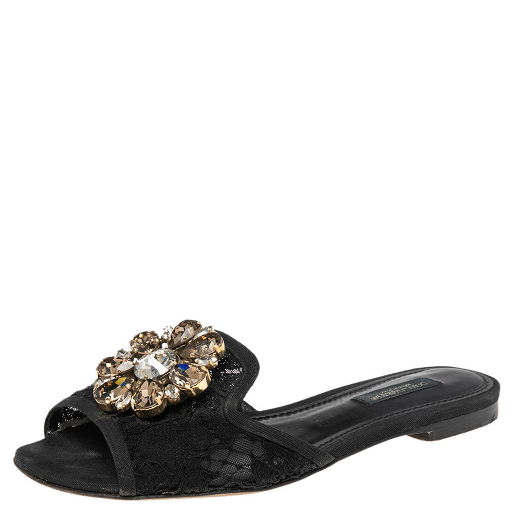 Pre Owned Dolce & Gabbana Black Lace Sofia Crystal Embellished Flats Size 35