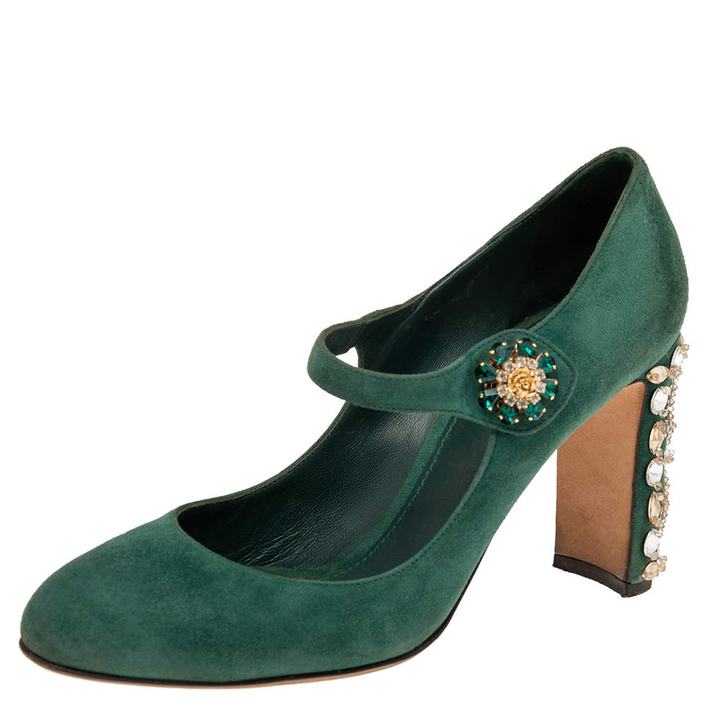 مملوكة مسبقًا Dolce & Gabbana Green Suede Crystal Embellished Mary Jane Pumps Size 40