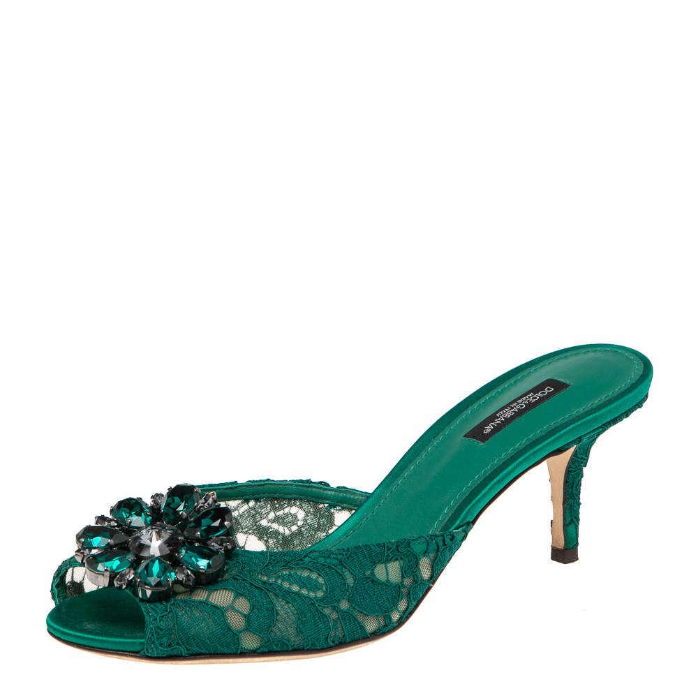 Pre Owned Dolce & Gabbana Green  Lace And Mesh  Crystal Embellished Slide Sandals Size 38