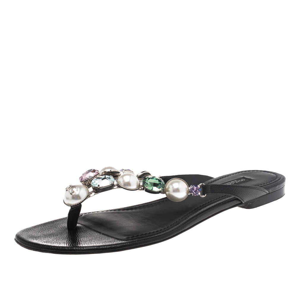 Pre Owned Dolce & Gabbana Black Leather Crystal Embellished Thong Flat Sandals Size 36.5