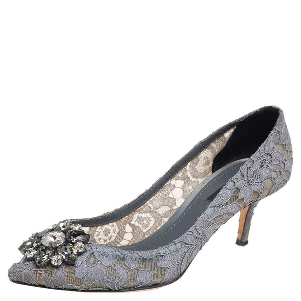 Dolce & Gabbana Lace Bellucci Crystal Embellished Pointed Toe Pumps Size 38