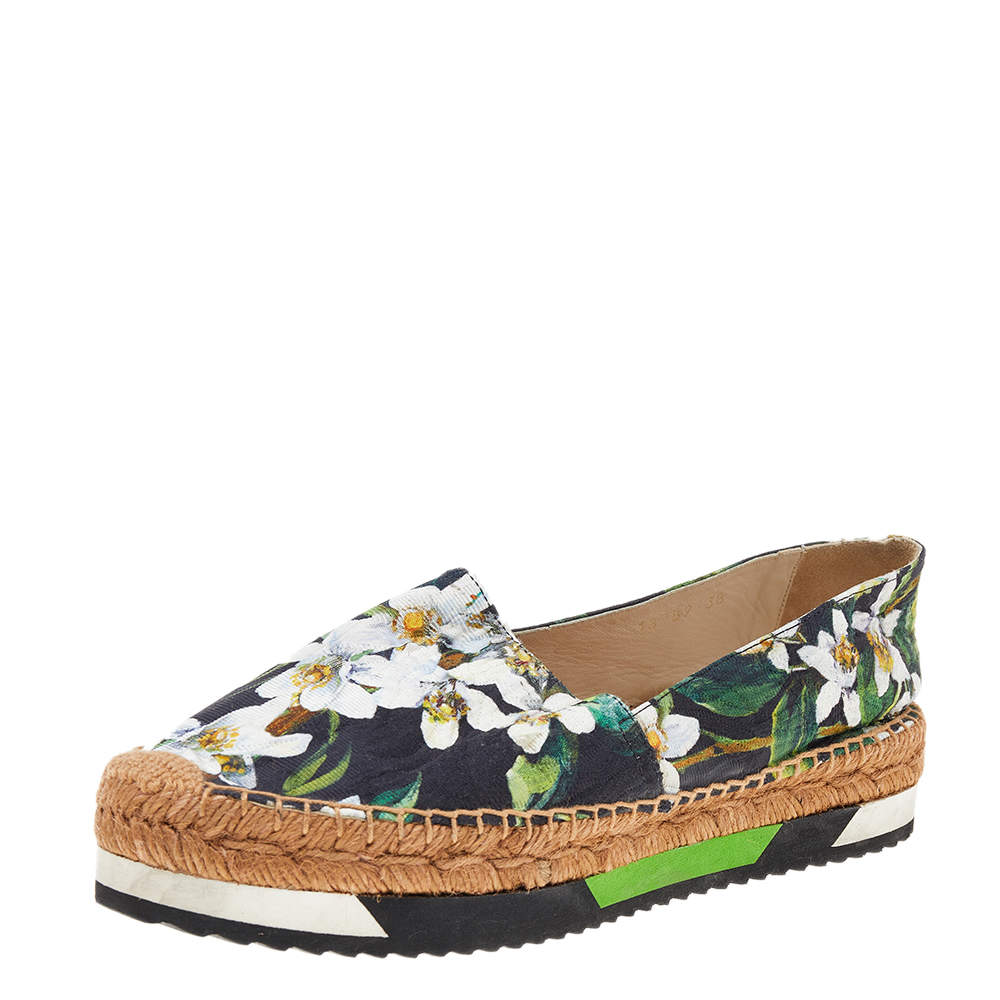 Dolce & Gabbana Multicolor Floral Print Brocade Fabric Espadrille Flats Size 38