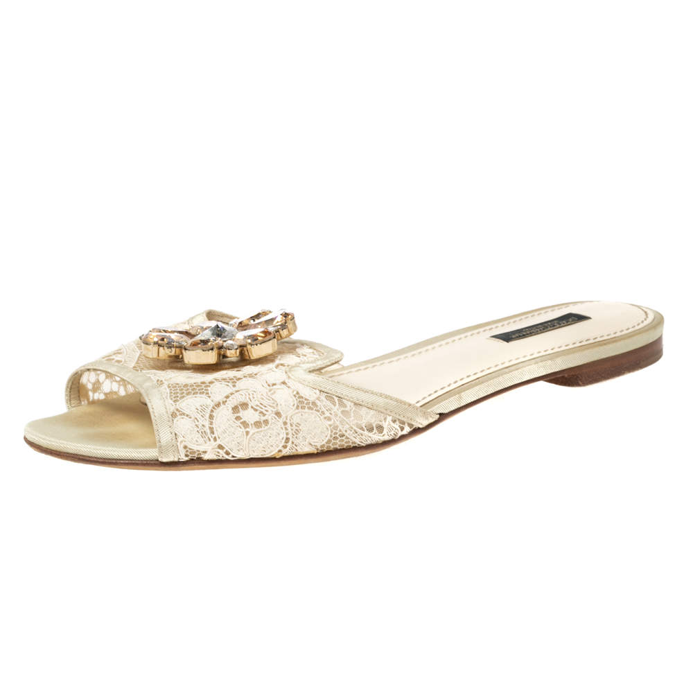 Dolce & Gabbana Cream Lace Crystal-Embellished Flat Sandals Size 39