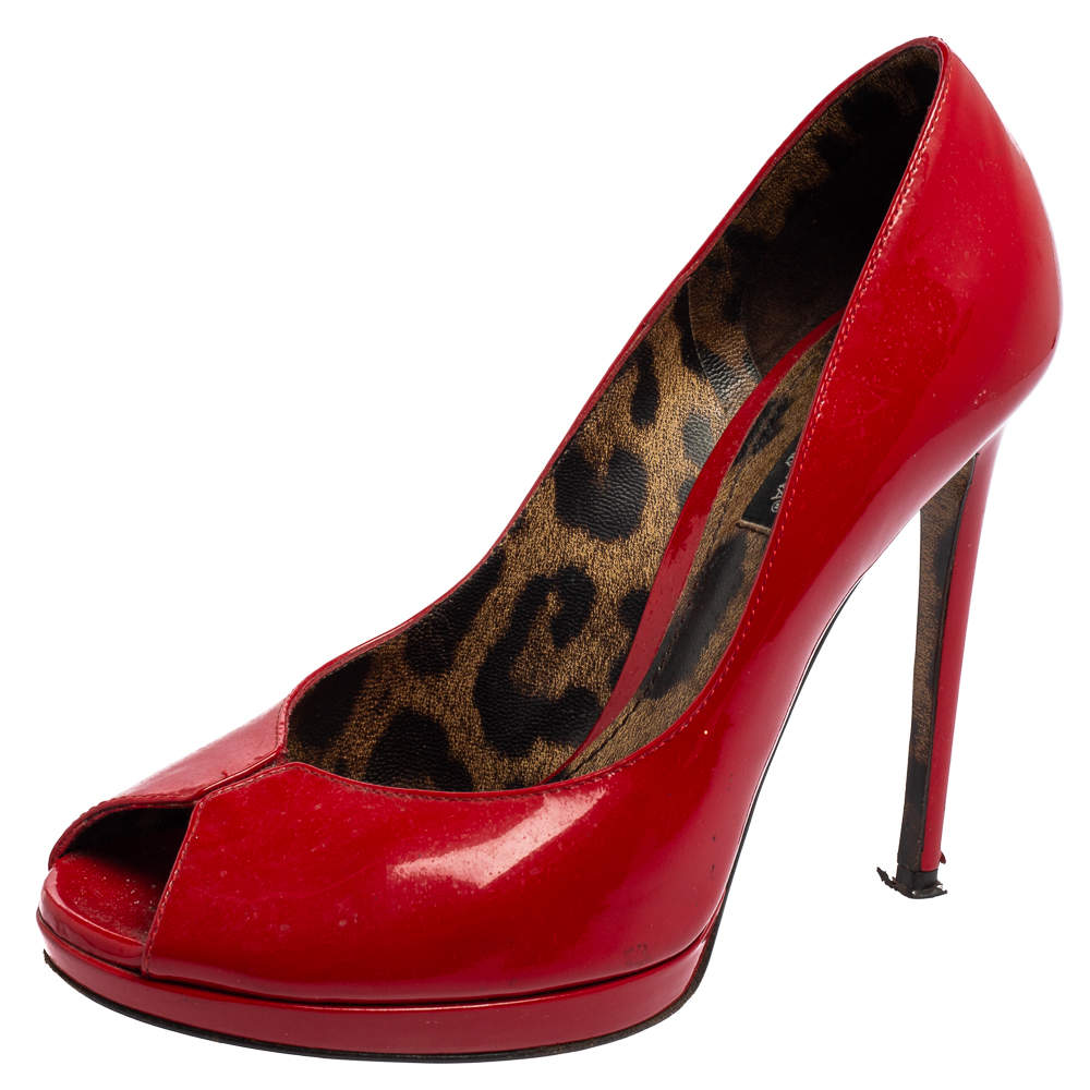 Dolce & Gabbana Red Patent Leather Peep-Toe Platform Pumps Size 36.5