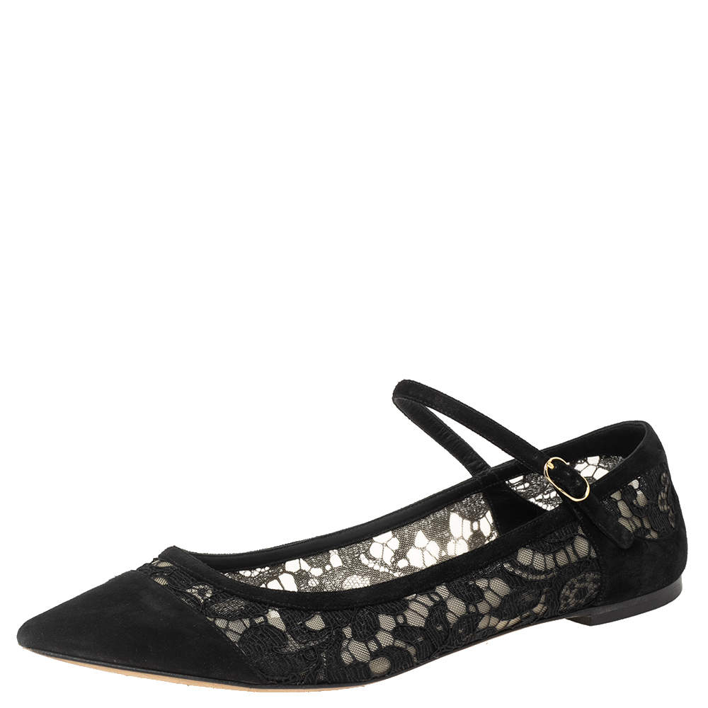 Pre Owned Dolce and Gabbana Black Lace And Suede Mary Jane Pointed Toe Ballet Flats Size 40