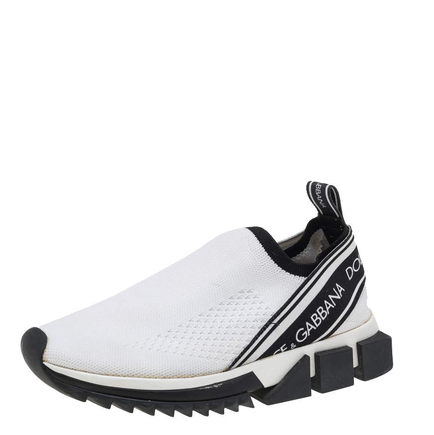 Pre Owned Dolce & Gabbana White Knit Fabric Sorrento Slip on Sneakers Size 36.5