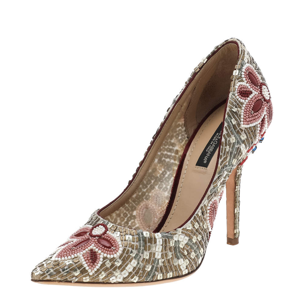 مملوكة مسبقًا حذاء كعب عالي دولتشي أند غابانا مزخرف ترتر وخرز متعدد الألوان مقدمة مدببة مقاس 36.5