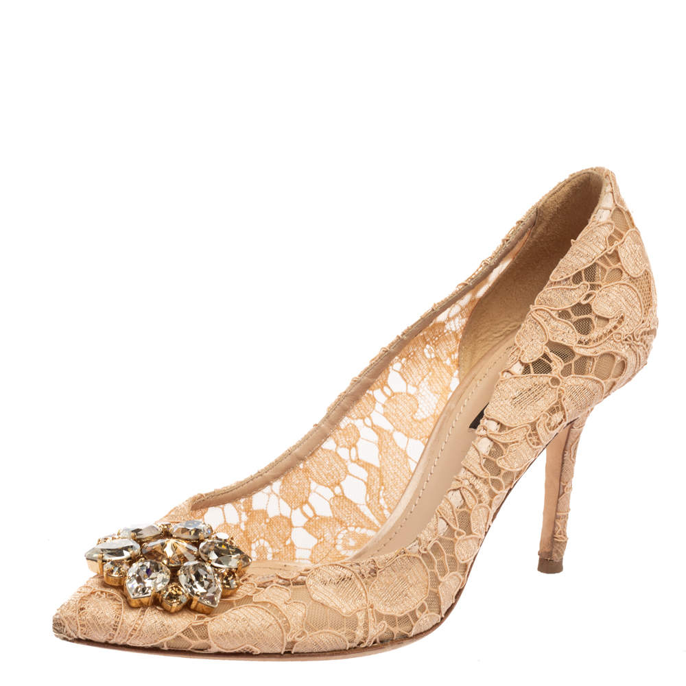 Pre Owned Dolce & Gabbana Beige Lace And Mesh Bellucci Pointed-Toe Pumps Size 37