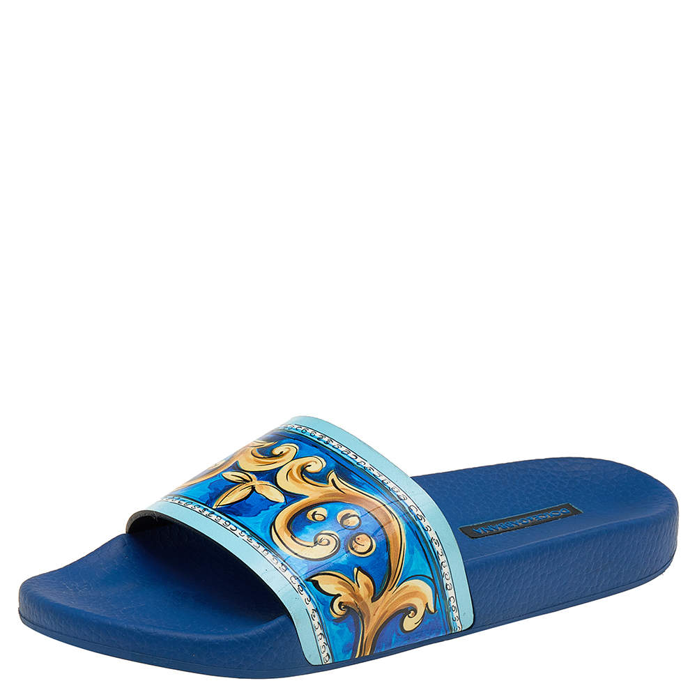 مملوكة مسبقًا Dolce & Gabbana Multicolor Majolica Printed Patent Leather Flat Slides Size 37