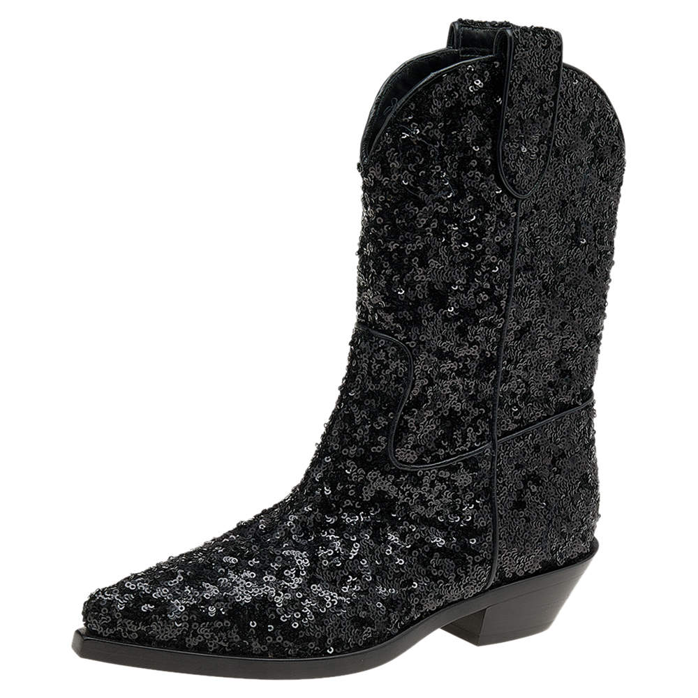 Pre Owned Dolce & Gabbana Black Sequins Boots Size 36.5