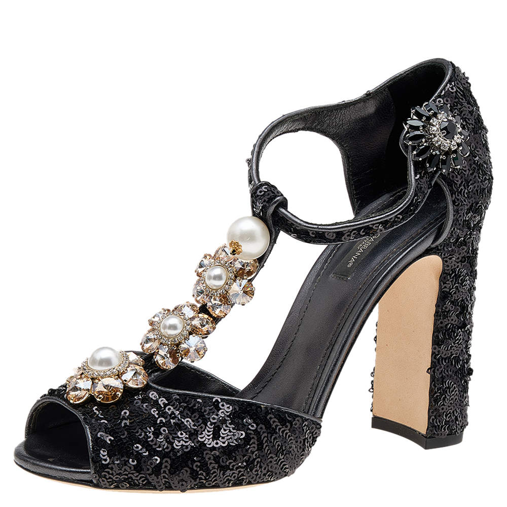 Pre Owned Dolce & Gabbana Black Pearl Embellished Ankle Strap Sandals Size 37.5