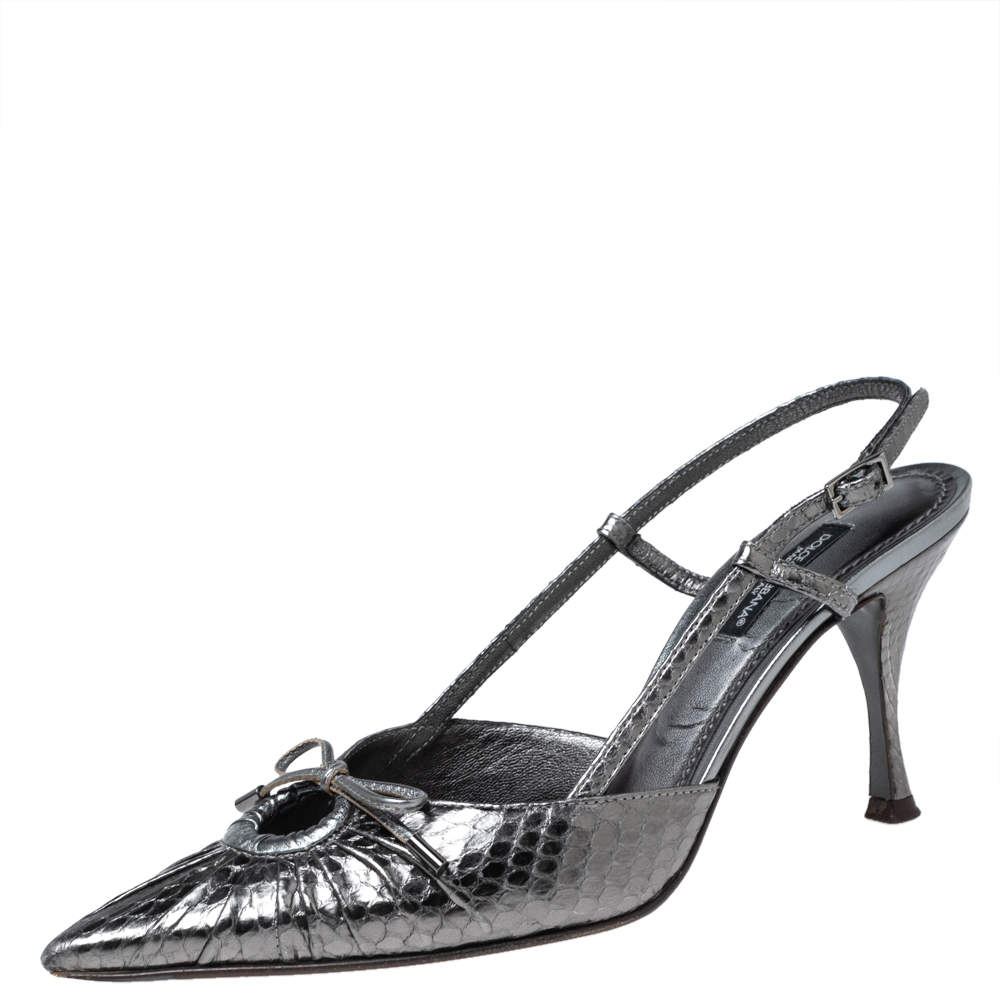 Pre Owned Dolce & Gabbana Metallic Grey Snakeskin bow Slingback Sandals Size 36.5 