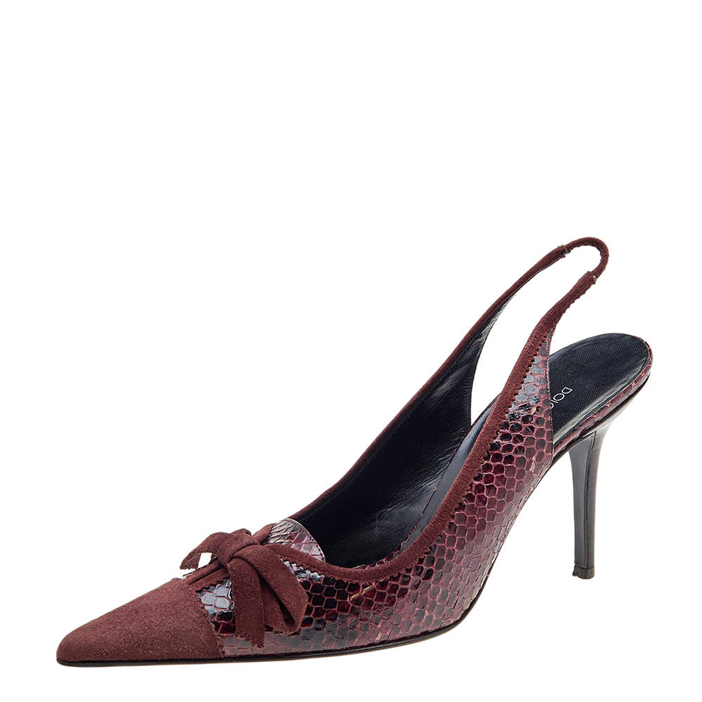 مملوكة مسبقًا Dolce & Gabbana Burgundy Python and Suede Bow Pointed Toe Slingback Sandals Size 40