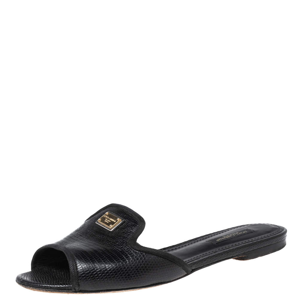 مملوكة مسبقًا Dolce & Gabbana Black Lizard Embossed  Leather Sofia  Sandals Size 37