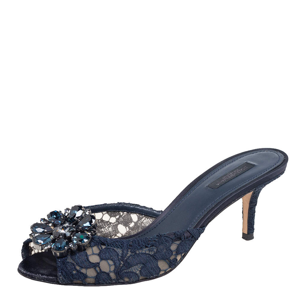 Pre Owned Dolce & Gabbana Navy Blue Lace Crystal Embellished Peep Toe Sandals Size 39